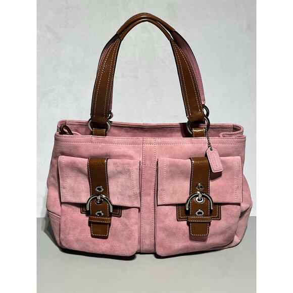 VTG Coach Suede Soho Double Buckle Flap Shoulder Bag Pink Tote Large Satchel Y2K - Picture 1 of 16